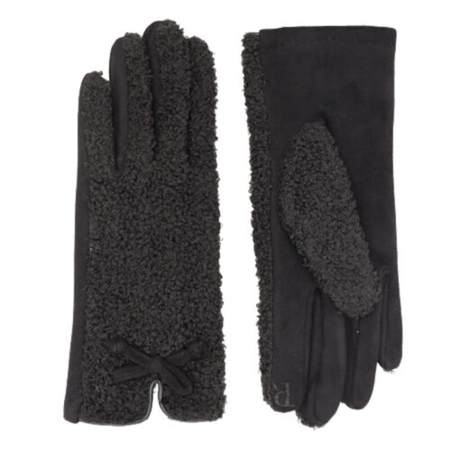 Teddy fleece gloves with suede bow